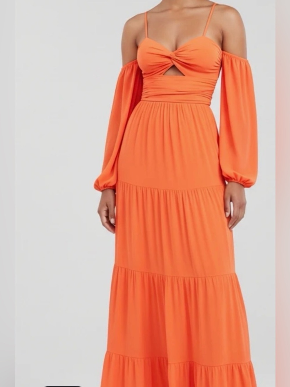 Off-Shoulder Orange Maxi Dress with Twist Front and Balloon Sleeves
